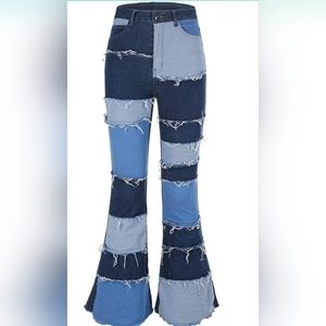 Cute Women Blue Patch Flare High Waisted Jean Size Large